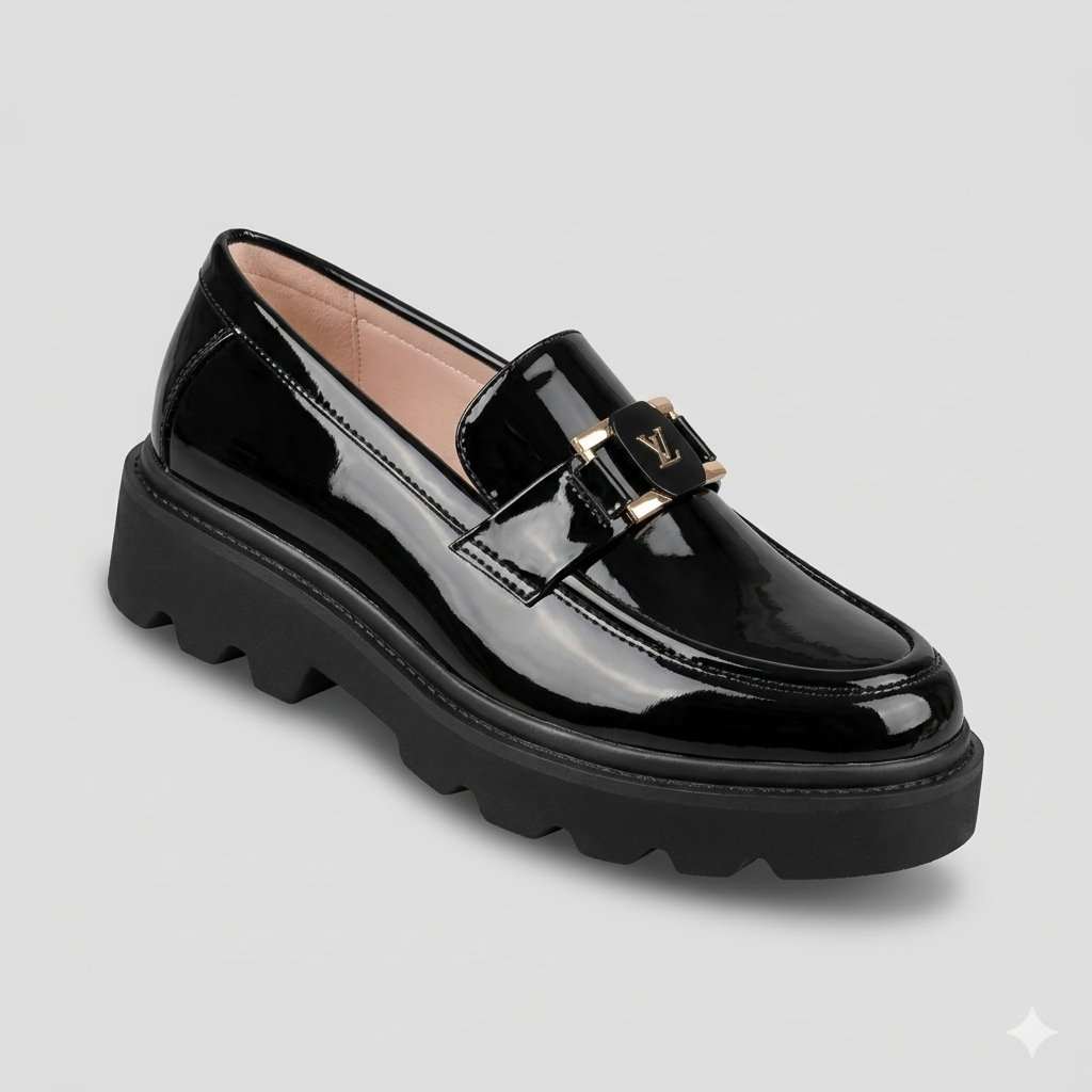 Glossy Black Lug-Sole Loafers with Gold Hardware Accent