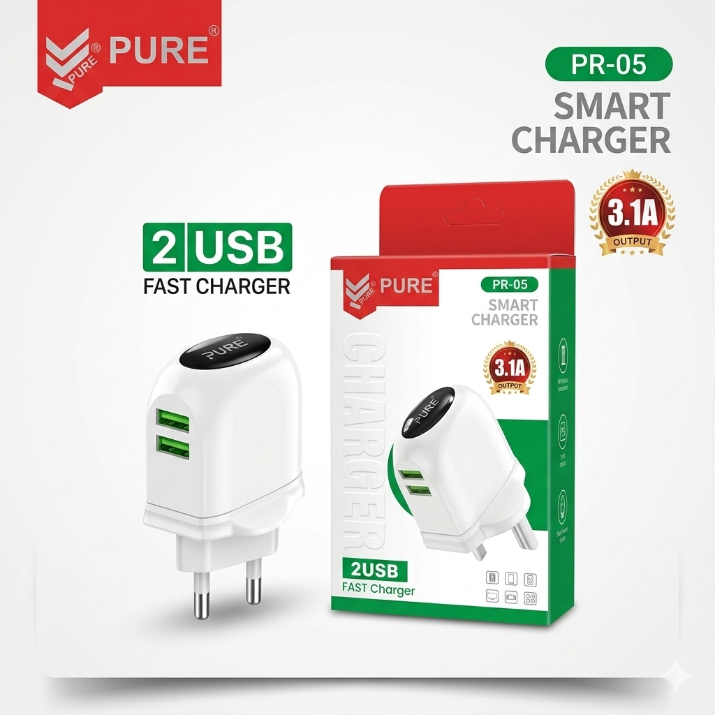 PURE PR-05 3.1A Smart Dual USB Wall Charger – High-Speed Power Adapter