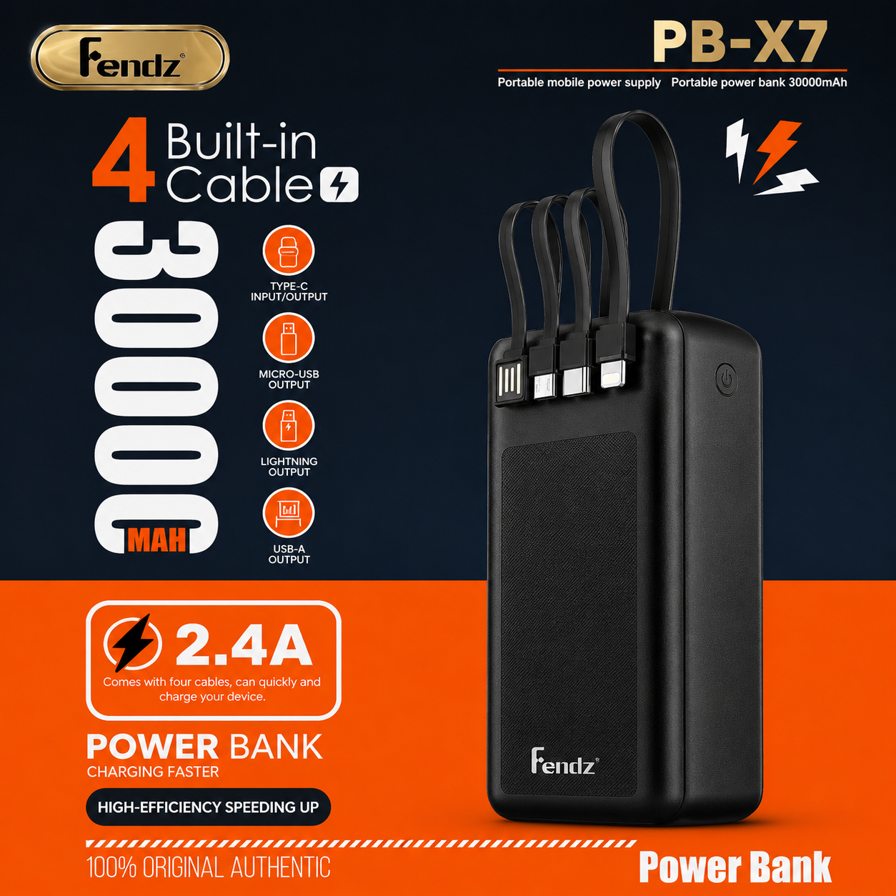 FSUDZ PB-X7 30,000mAh Power Bank -  All-in-One Fast Charger with 4 Built-In Cables