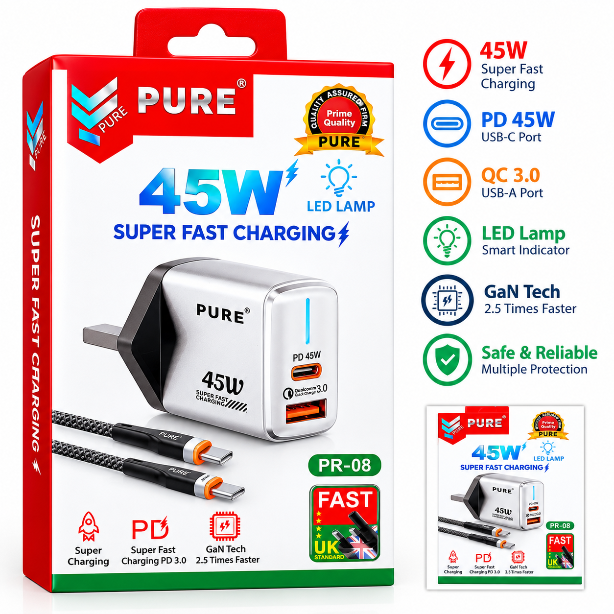 PURE 45W Super Fast Charging Wall Charger Kit (PR-08) – GaN Tech with Dual Ports & Premium Cables