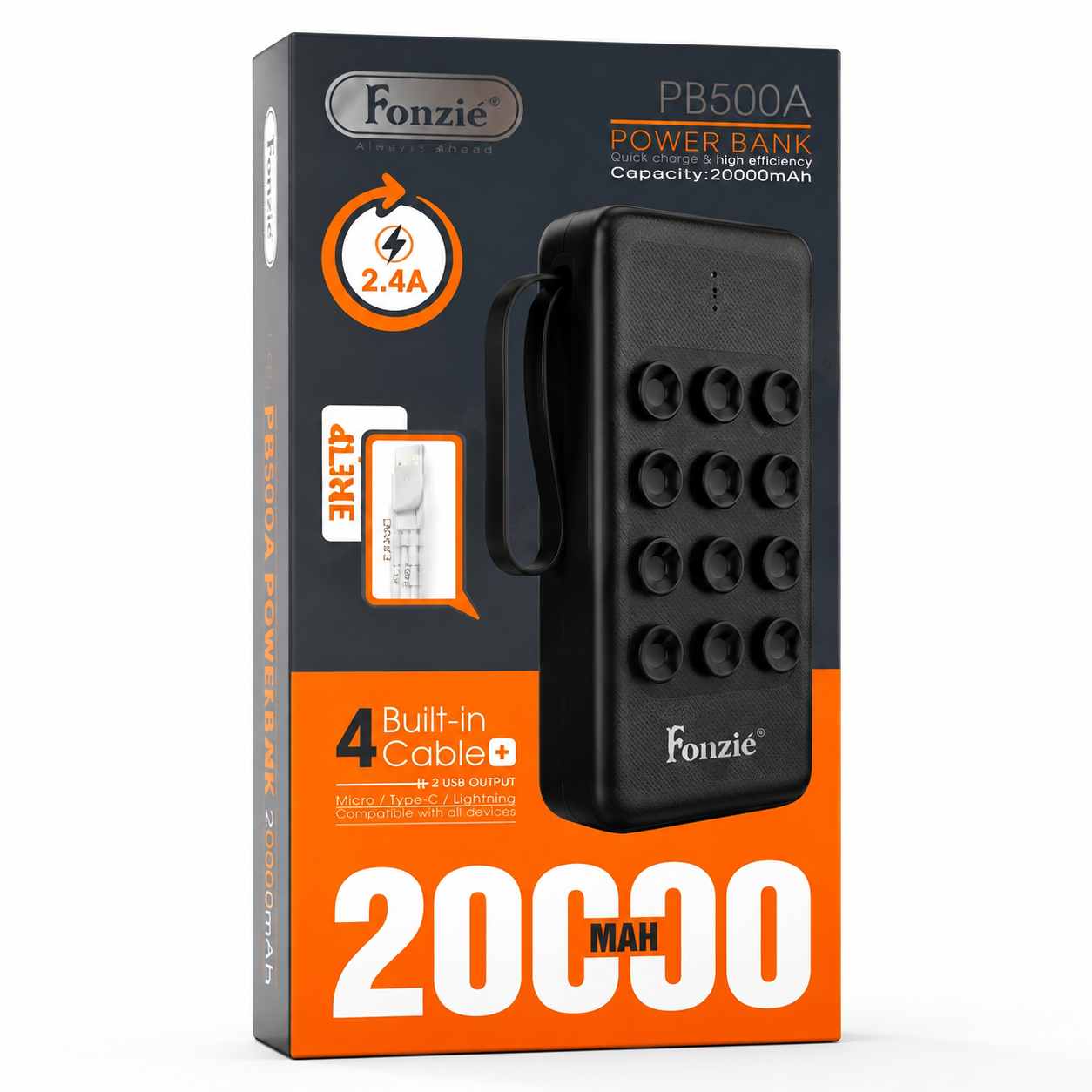 FSUDZ PB-X6 20,000mAh Power Bank -  All-in-One Fast Charger with 4 Built-In Cables