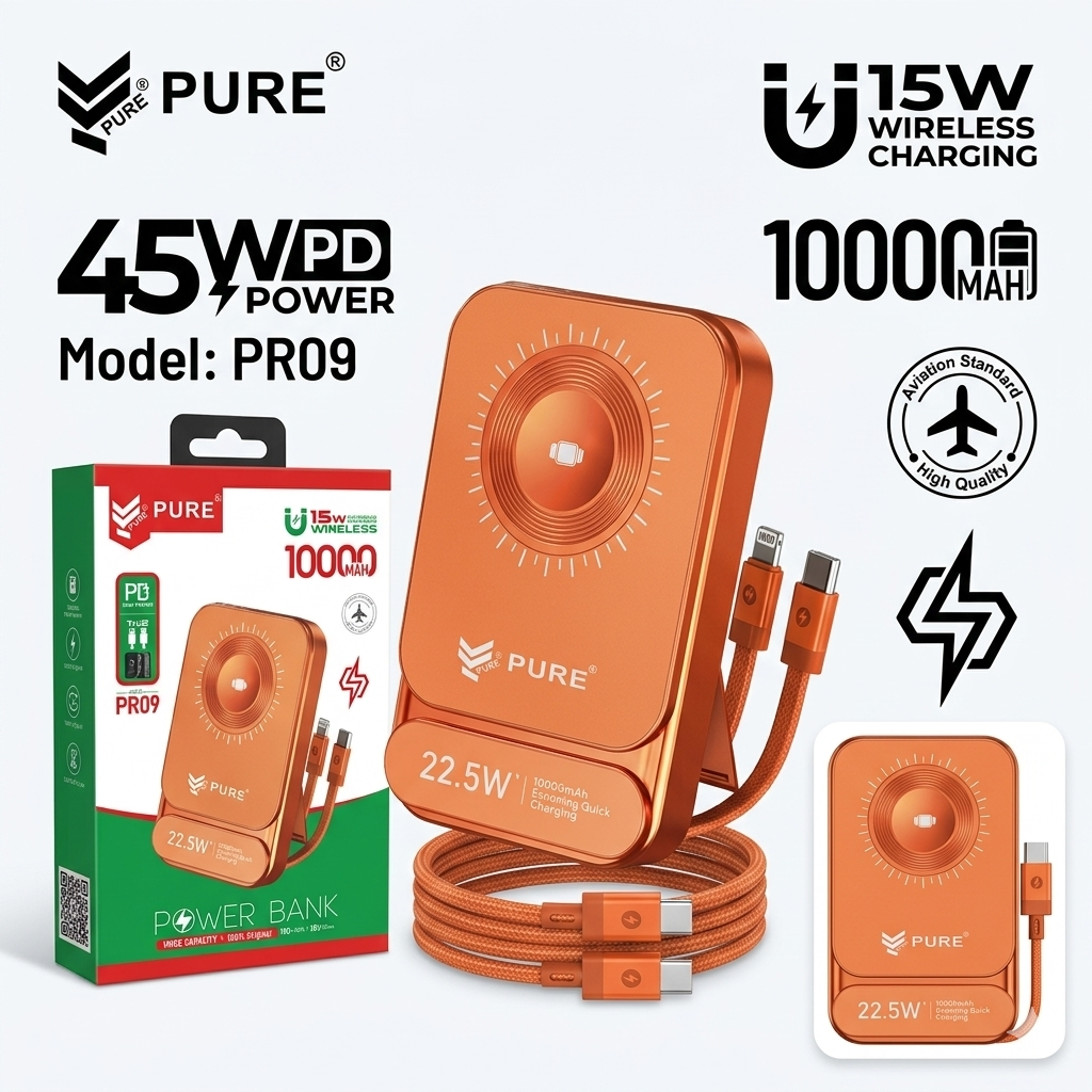 PURE 10,000mAh 15W Wireless Power Bank (PR09) – 22.5W Fast Charging with Built-In Cables
